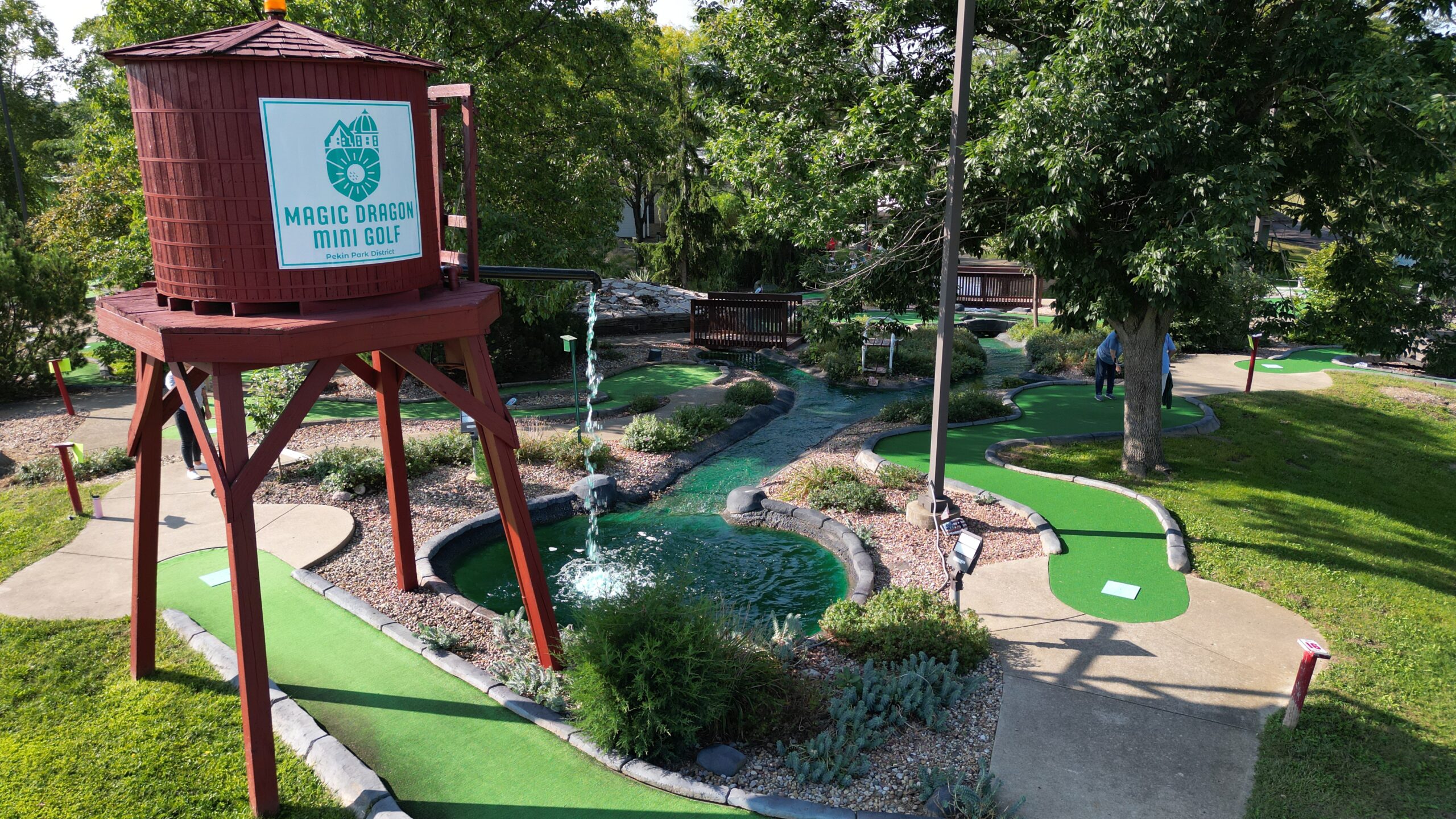 Magic Dragon Mini Golf Course water tower with logo